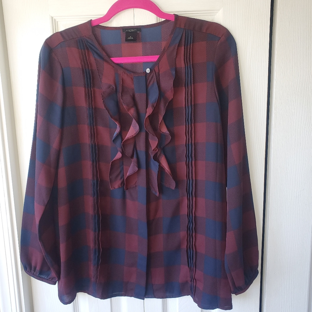 Ann Taylor Factory Plaid Ruffle Top Burgundy & Blue Sz S Holiday Preppy Feminine